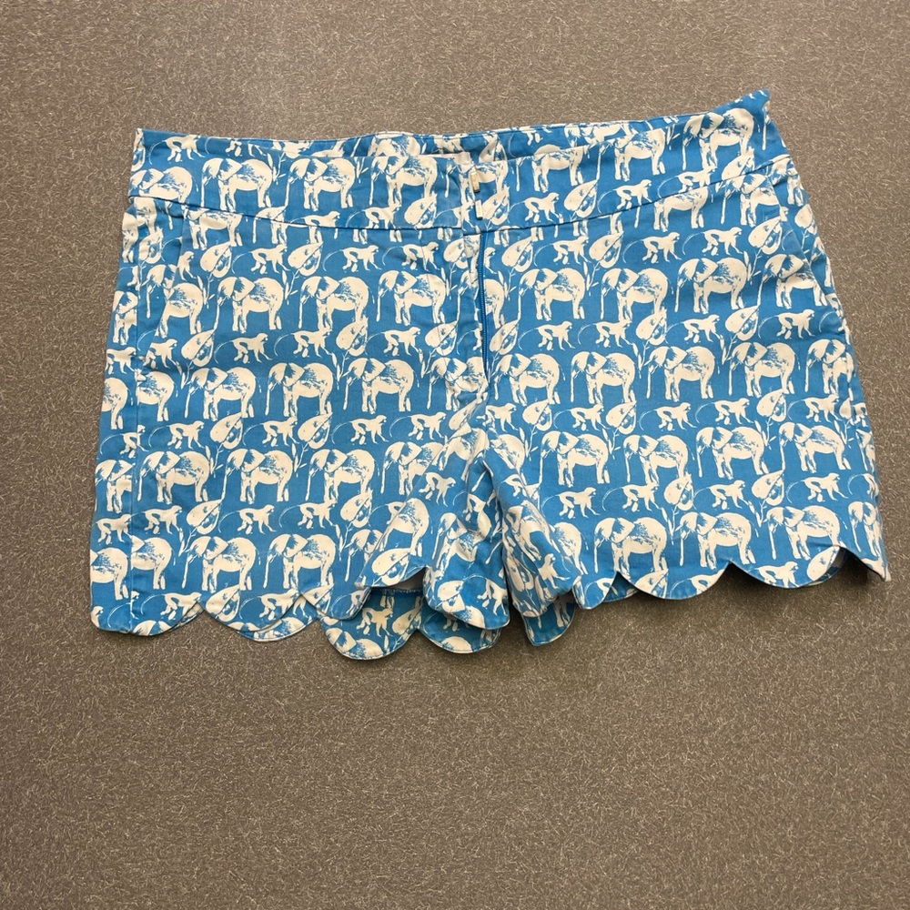 Crown & Ivy elephants & monkeys on blue background scalloped shorts.  3.5 inseam